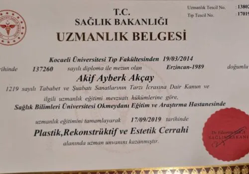 Plastik, Rekonstrüktif ve Estetik Cerrahi uzmanlık belgesi